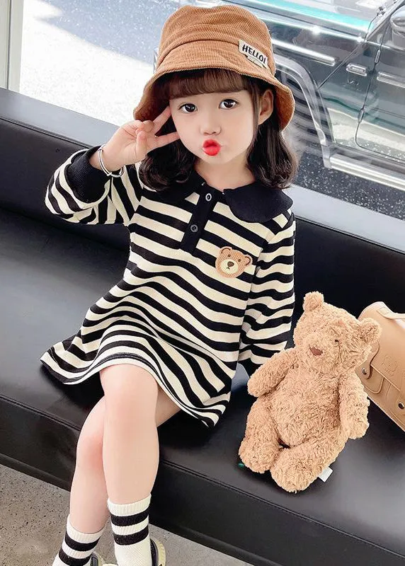 Casual Black White Striped Peter Pan Collar Print Kids Mid Dress Fall