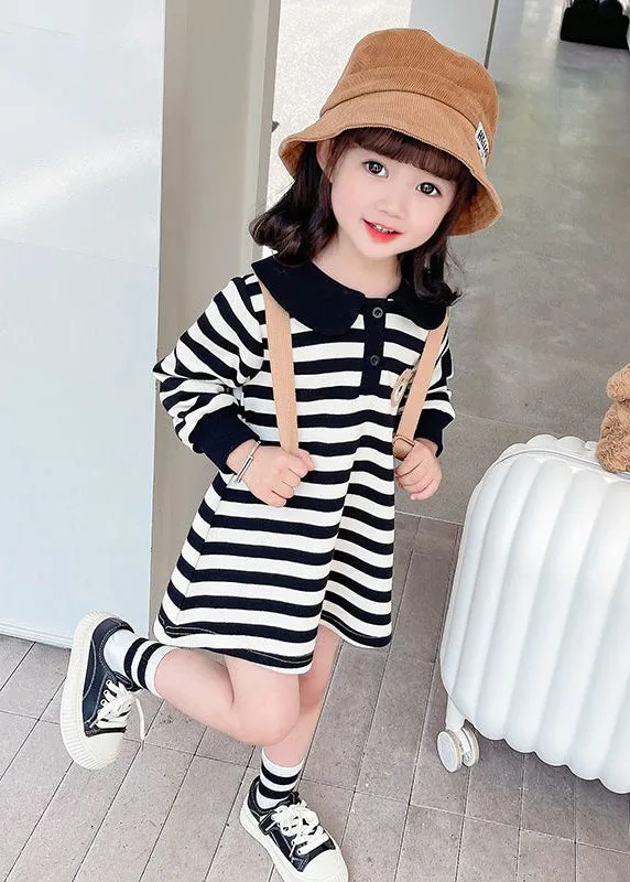 Casual Black White Striped Peter Pan Collar Print Kids Mid Dress Fall