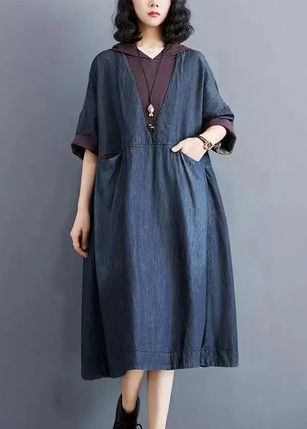 Casual Blue Hooded Patchwork Thin Denim Dress Summer