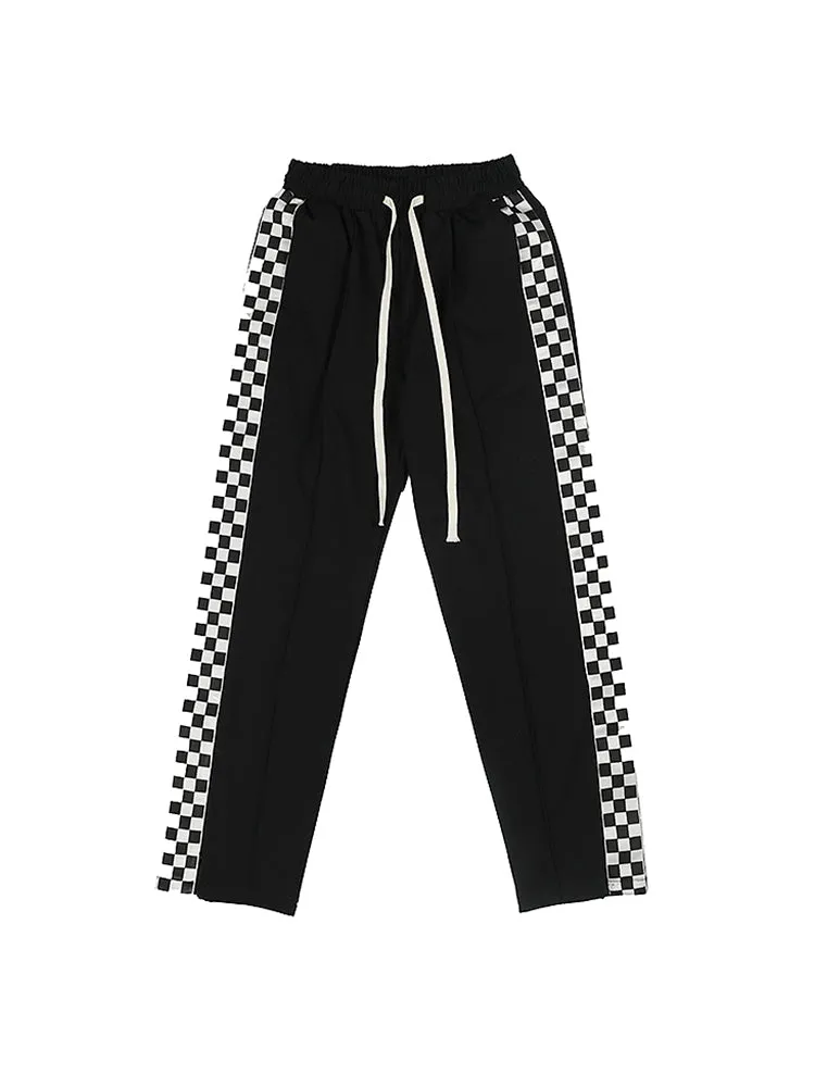 Checkerboard Side Split Straight Leg Sweatpants Hip-hop Drop Feeling Stacked Drawstring Casual Pants Men