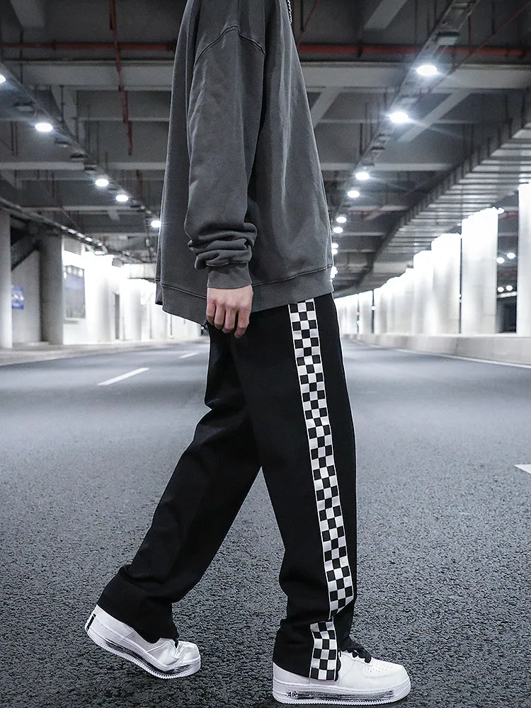 Checkerboard Side Split Straight Leg Sweatpants Hip-hop Drop Feeling Stacked Drawstring Casual Pants Men