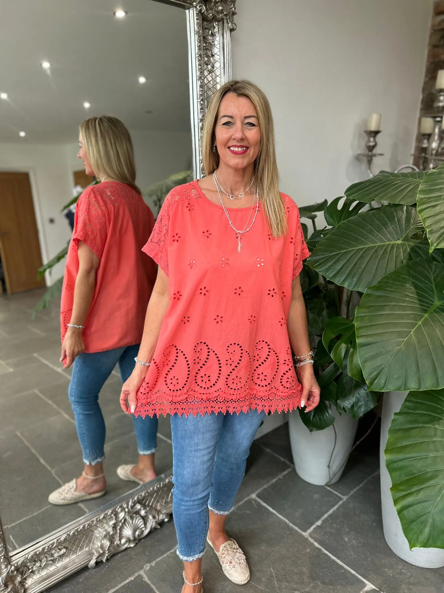 Coral Broderie Anglaise Floral Lace Top Nina