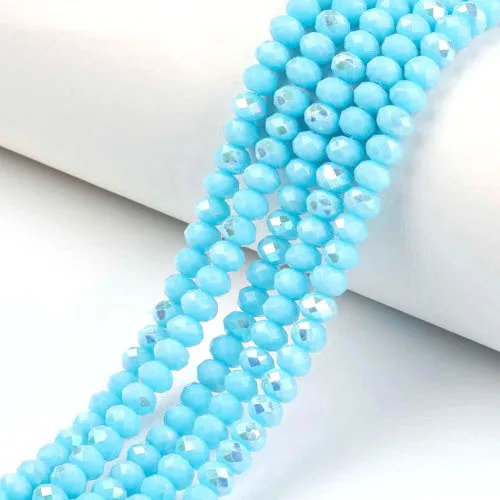 Crystal Glass Beads, Electroplated, Rondelle, Faceted, Opaque, Sky Blue, Half AB Plated, 4mm