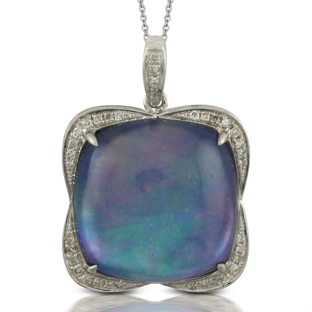 Doves Ivory Sky Blue Lapis, Mother of Pearl, & Diamond Cushion Shaped Pendant Necklace