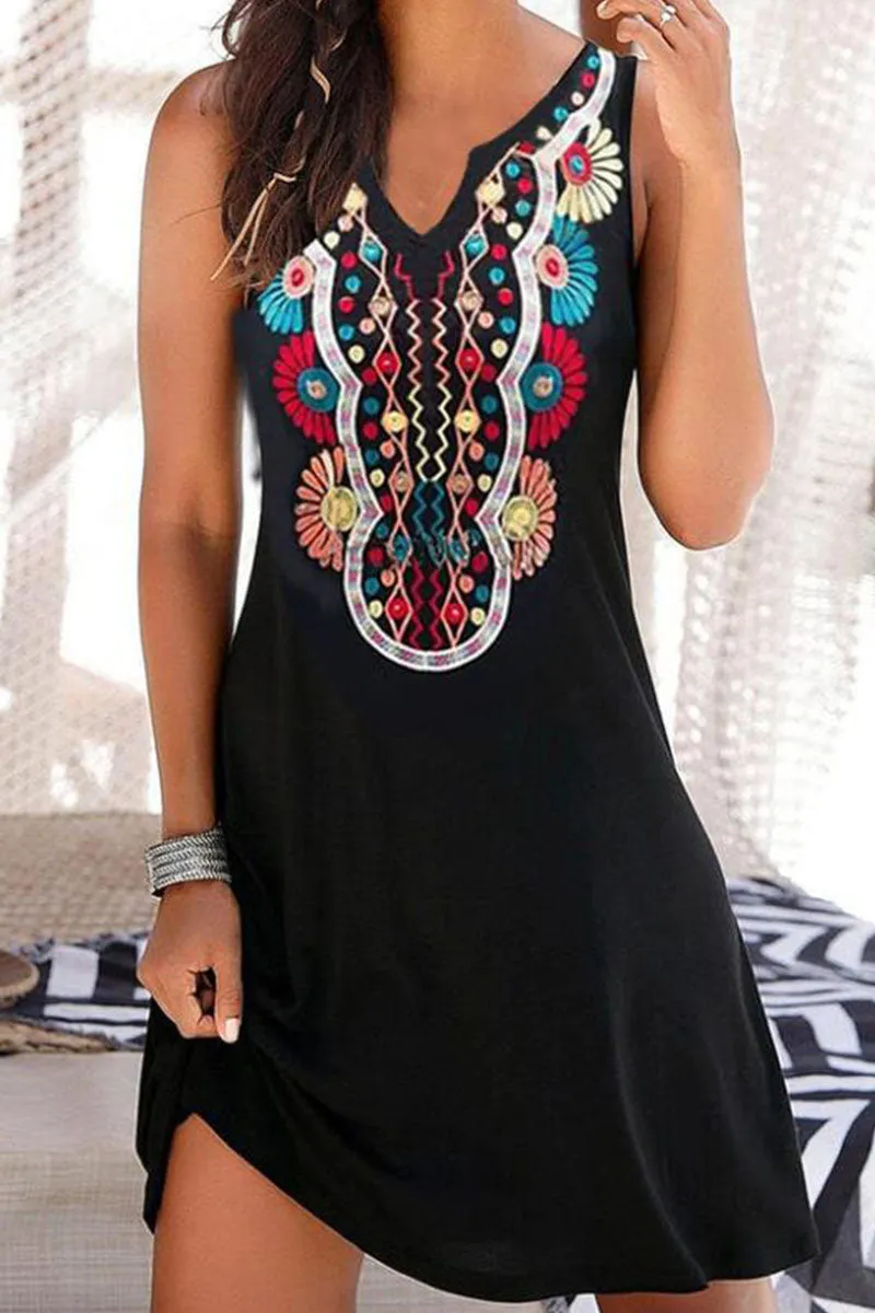 Fashion Casual Print Patchwork V Neck A Line Dresses