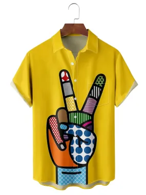 Fashion Pop Art Print Casual Chest Pocket Short Sleeve Shirt