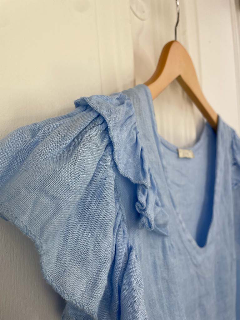 Linen Frill Sleeve Top - Sky Blue