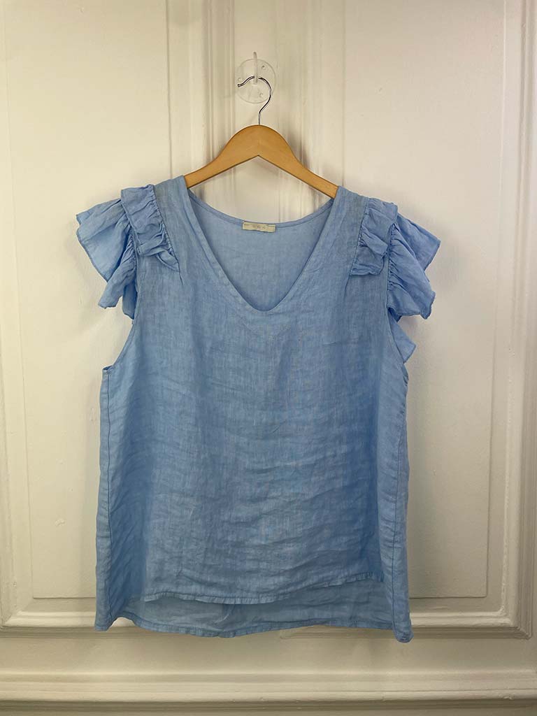 Linen Frill Sleeve Top - Sky Blue