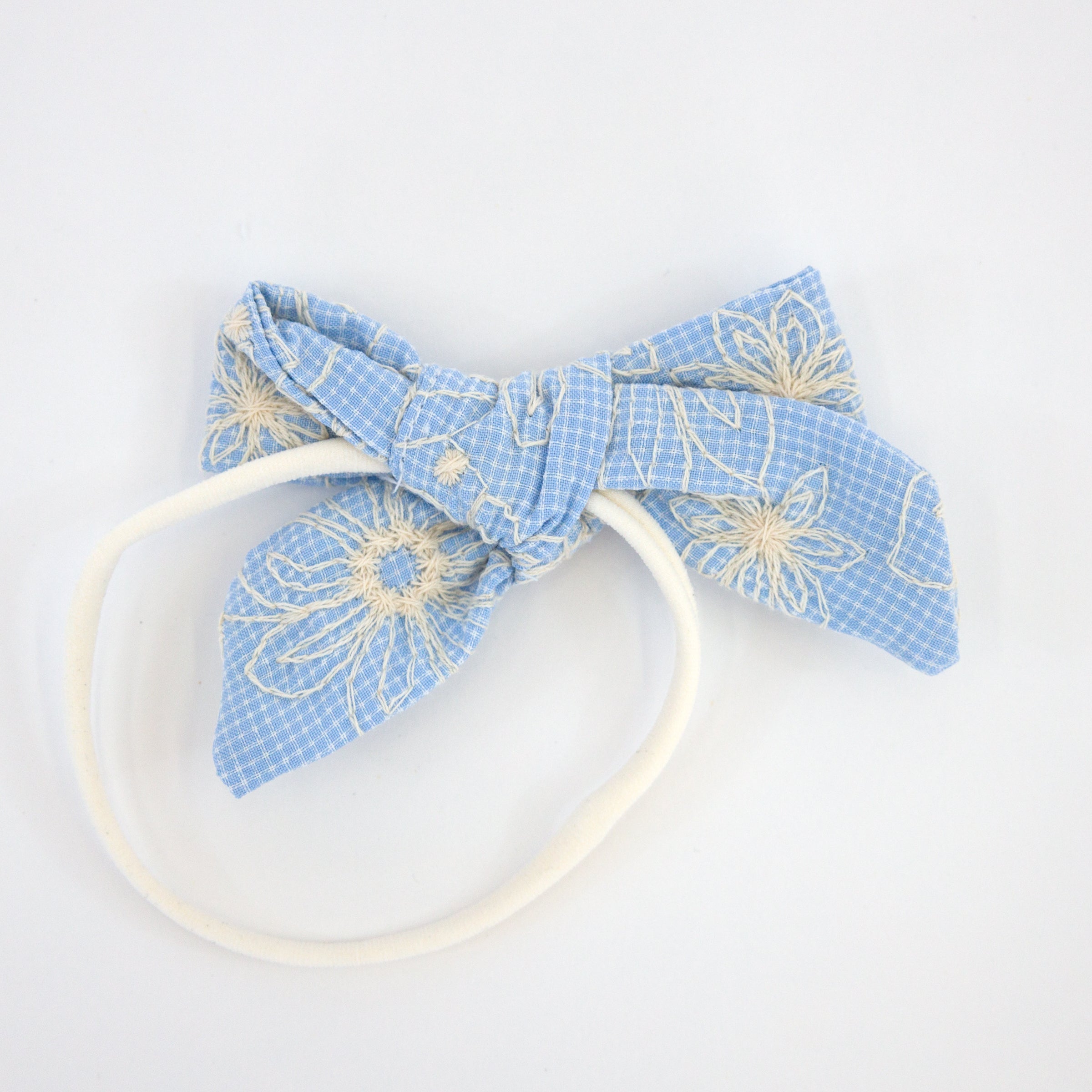 oh baby! Embroidered Flower Bow Nylon Headband - Sky Blue