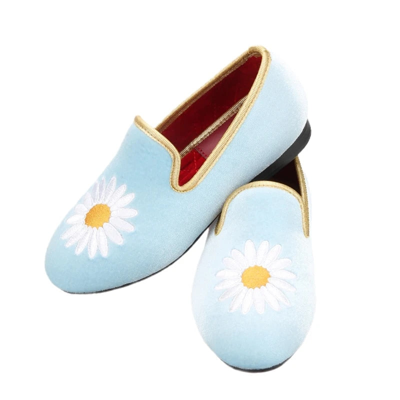 OneDrop Children Sky Blue Velvet Kid's Loafers Daisy Embroidery Handmade Toddler Birthday Shoes