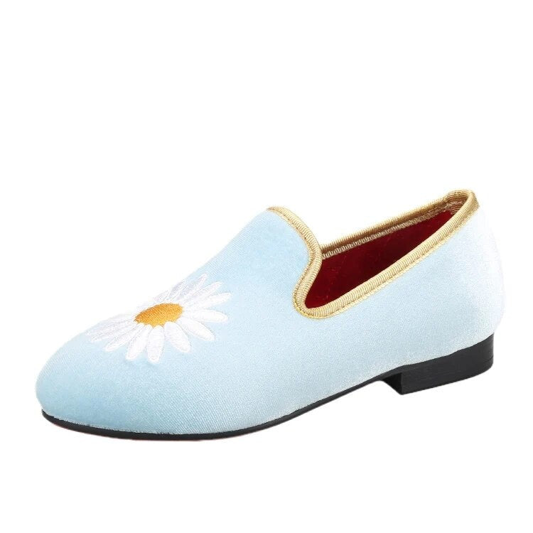 OneDrop Children Sky Blue Velvet Kid's Loafers Daisy Embroidery Handmade Toddler Birthday Shoes