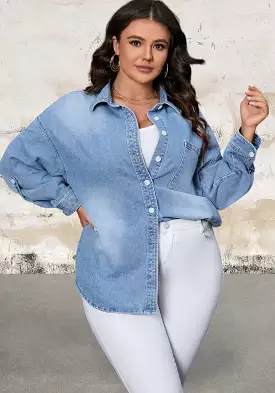 Plus Size Sky Blue Chest Pocket Button-Up Denim Shacket