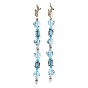 Sky and London Blue Topaz, Turquoise, and Gold Dangle Earrings