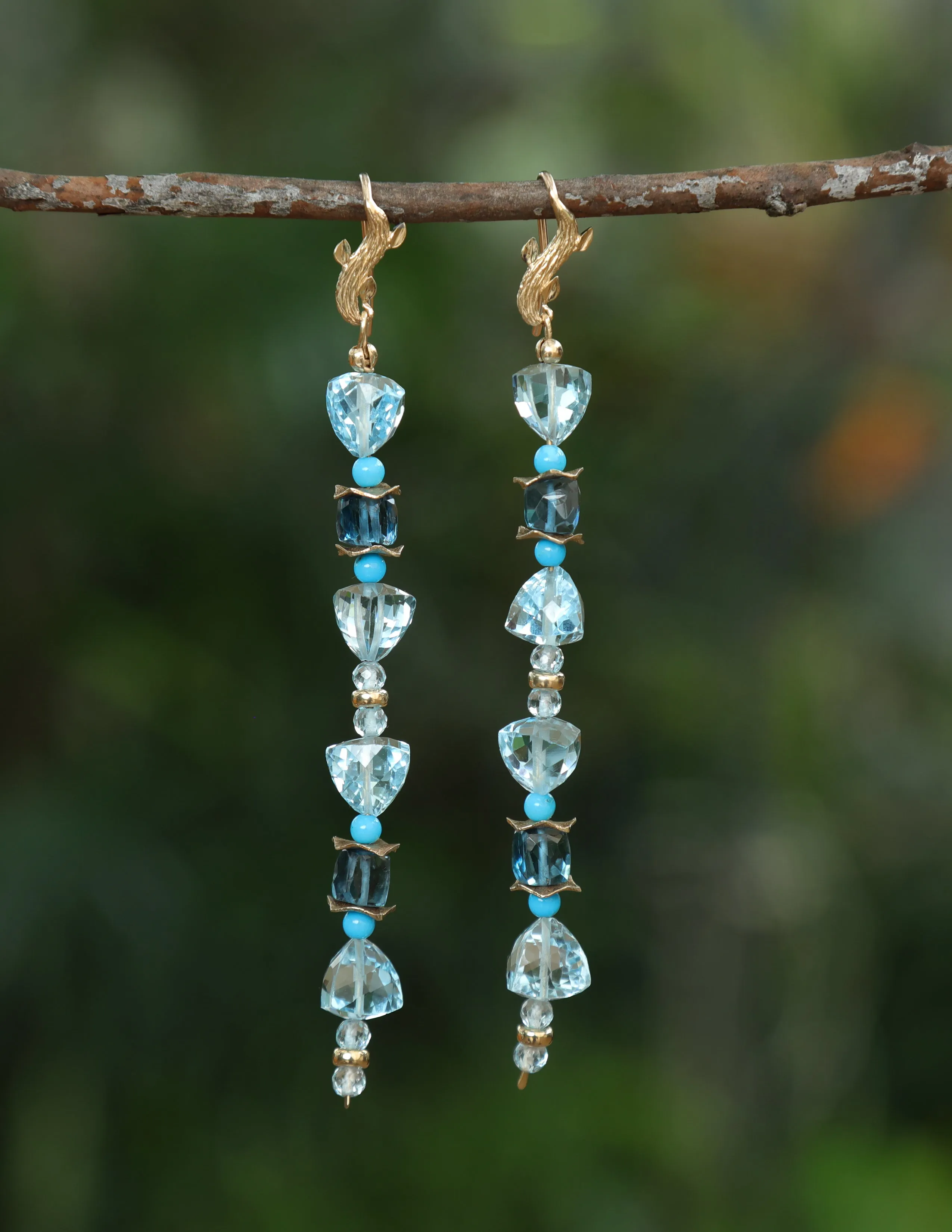 Sky and London Blue Topaz, Turquoise, and Gold Dangle Earrings