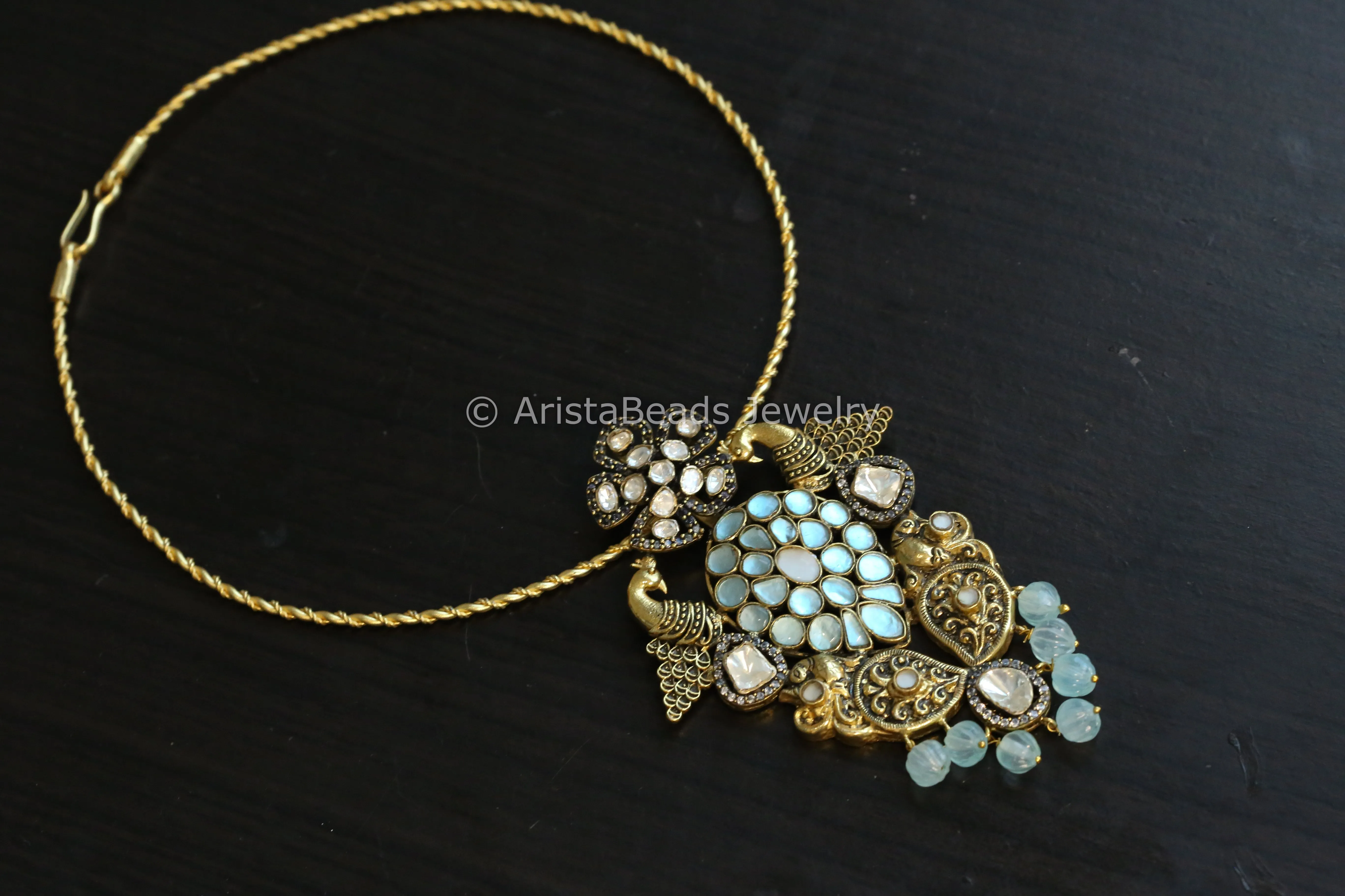 Sky Blue Jadau & Moissanites Fusion Hasli Necklace