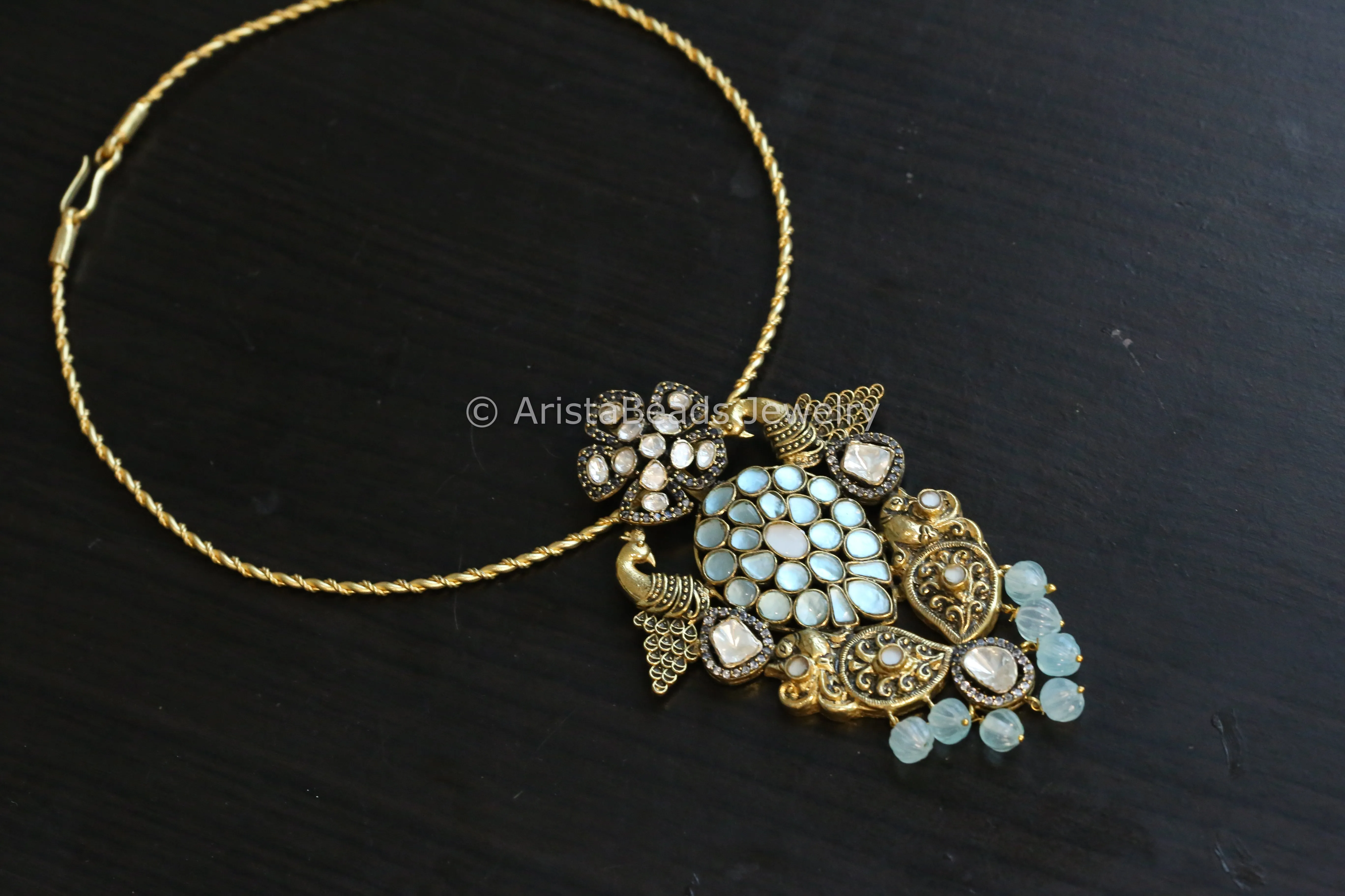 Sky Blue Jadau & Moissanites Fusion Hasli Necklace