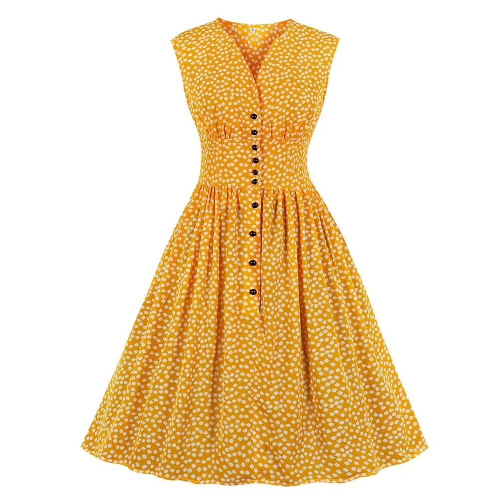 Summer V Neck Sleeveless High Waist Robe Pin Up Swing Yellow Print Casual Dress Sundresses