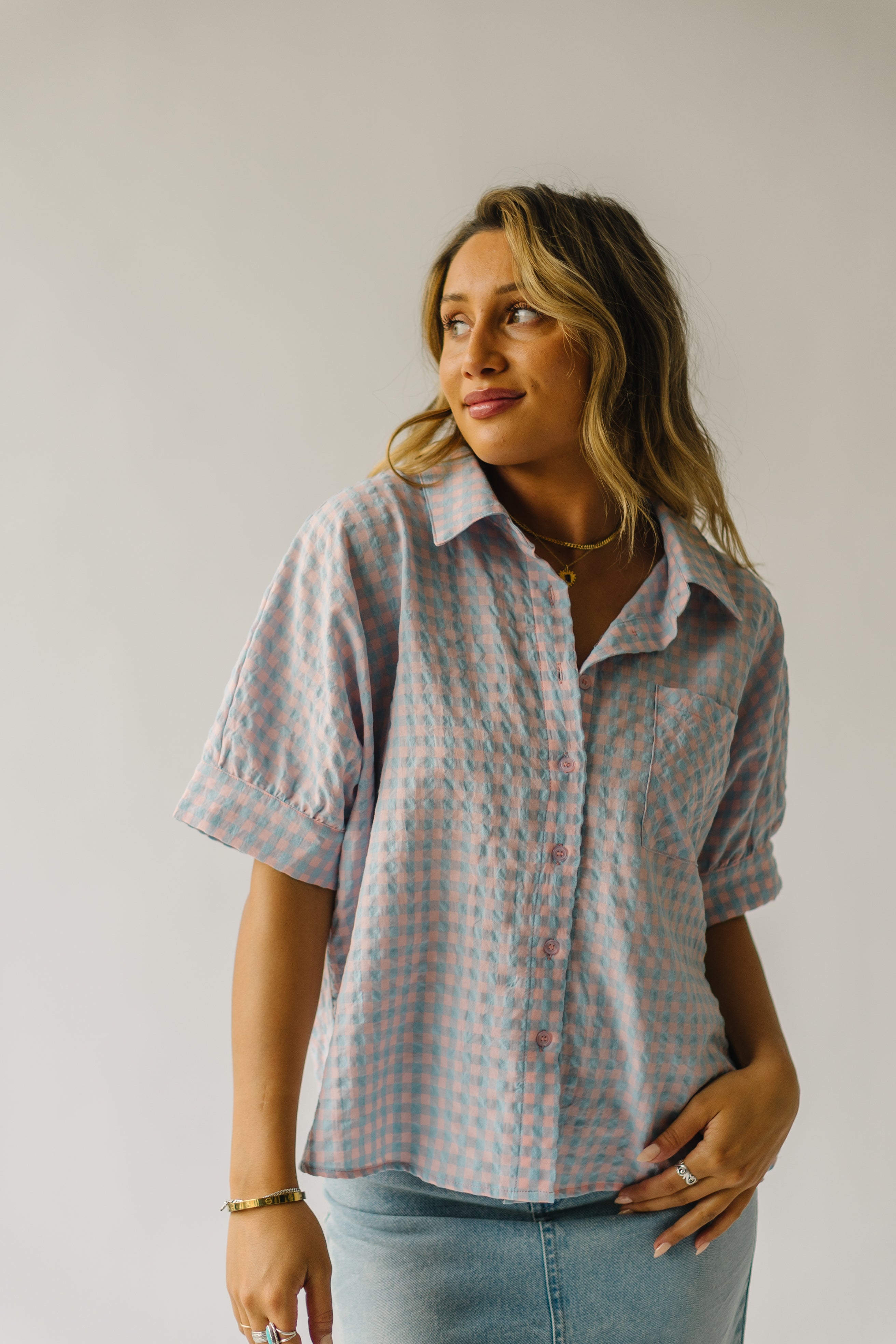 The Laia Checkered Button-Up Blouse in Sky Blue + Pink