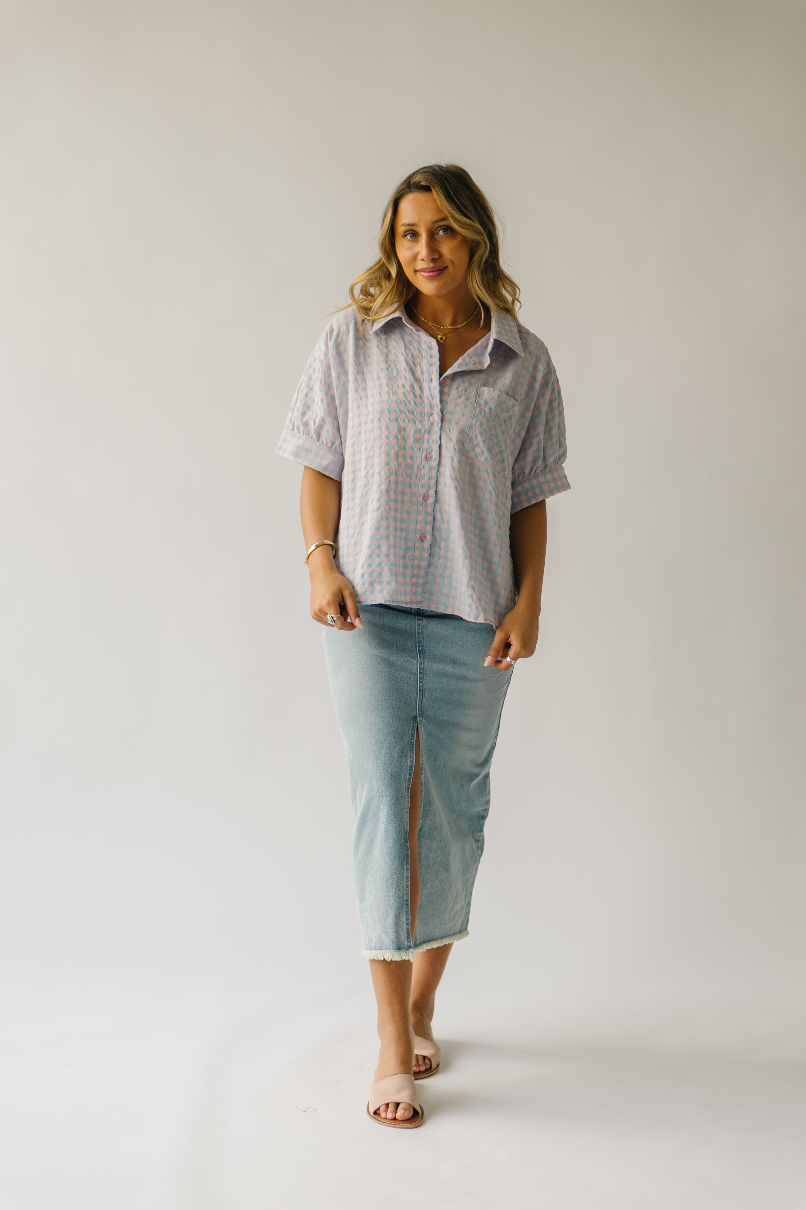 The Laia Checkered Button-Up Blouse in Sky Blue + Pink