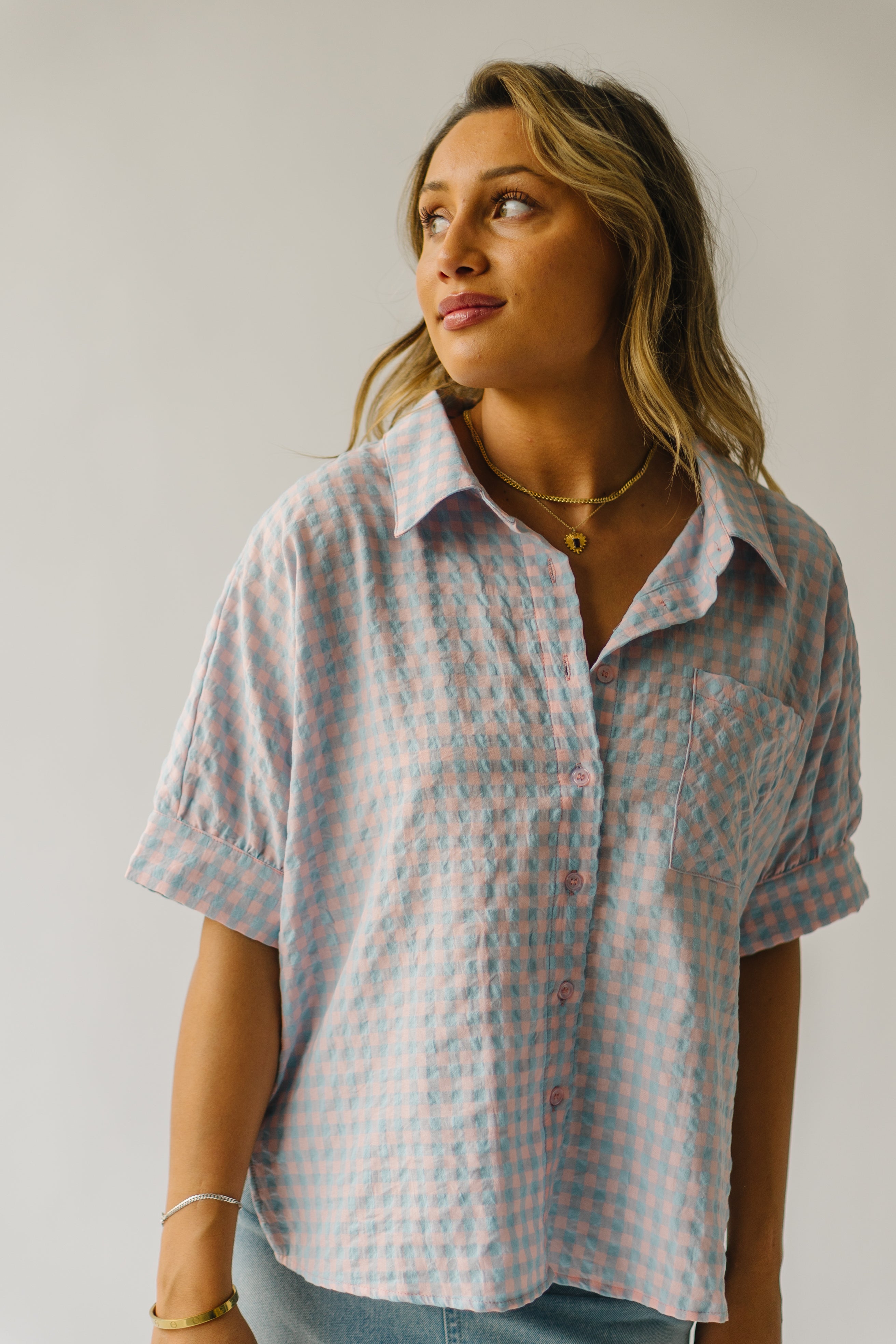 The Laia Checkered Button-Up Blouse in Sky Blue + Pink