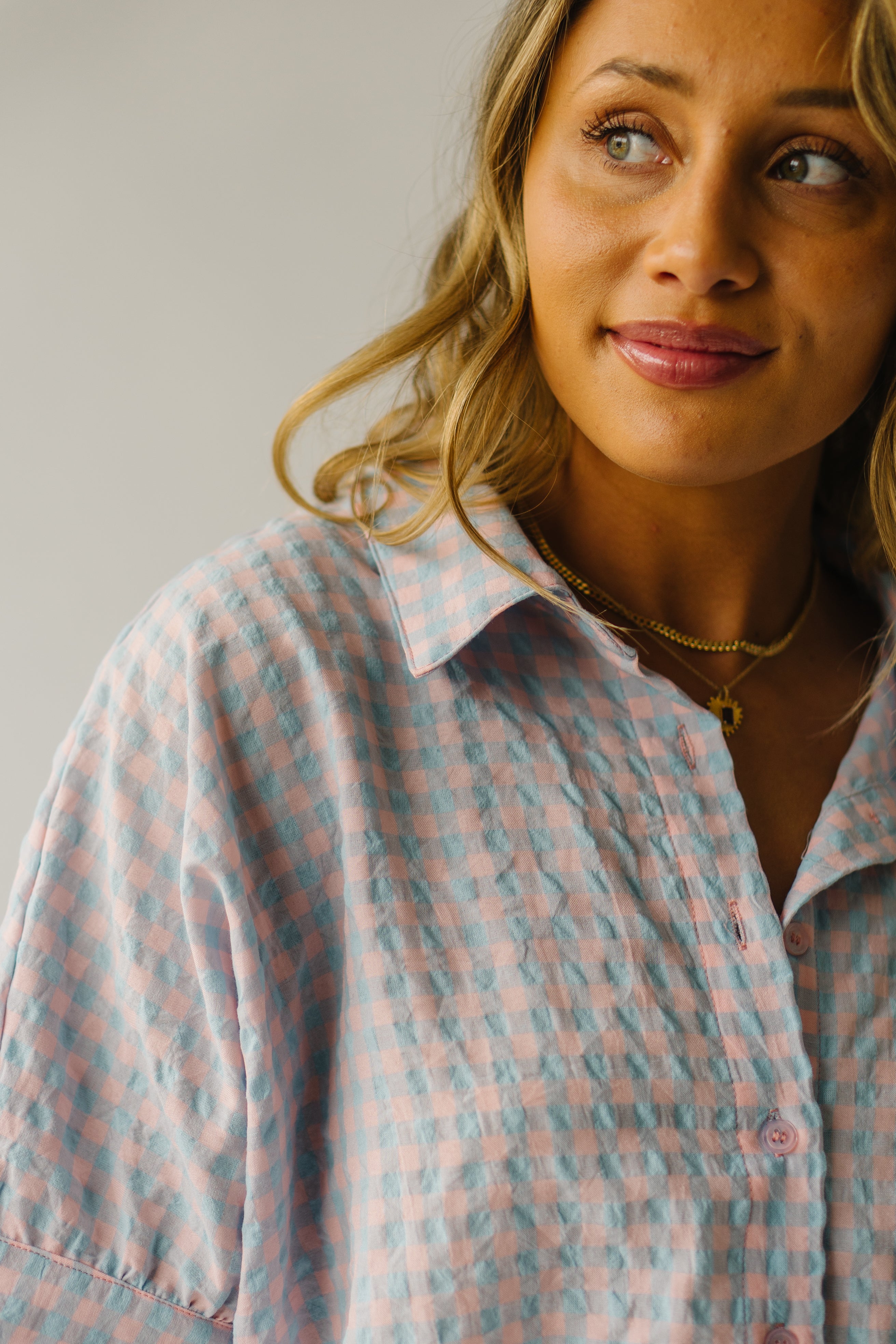 The Laia Checkered Button-Up Blouse in Sky Blue + Pink