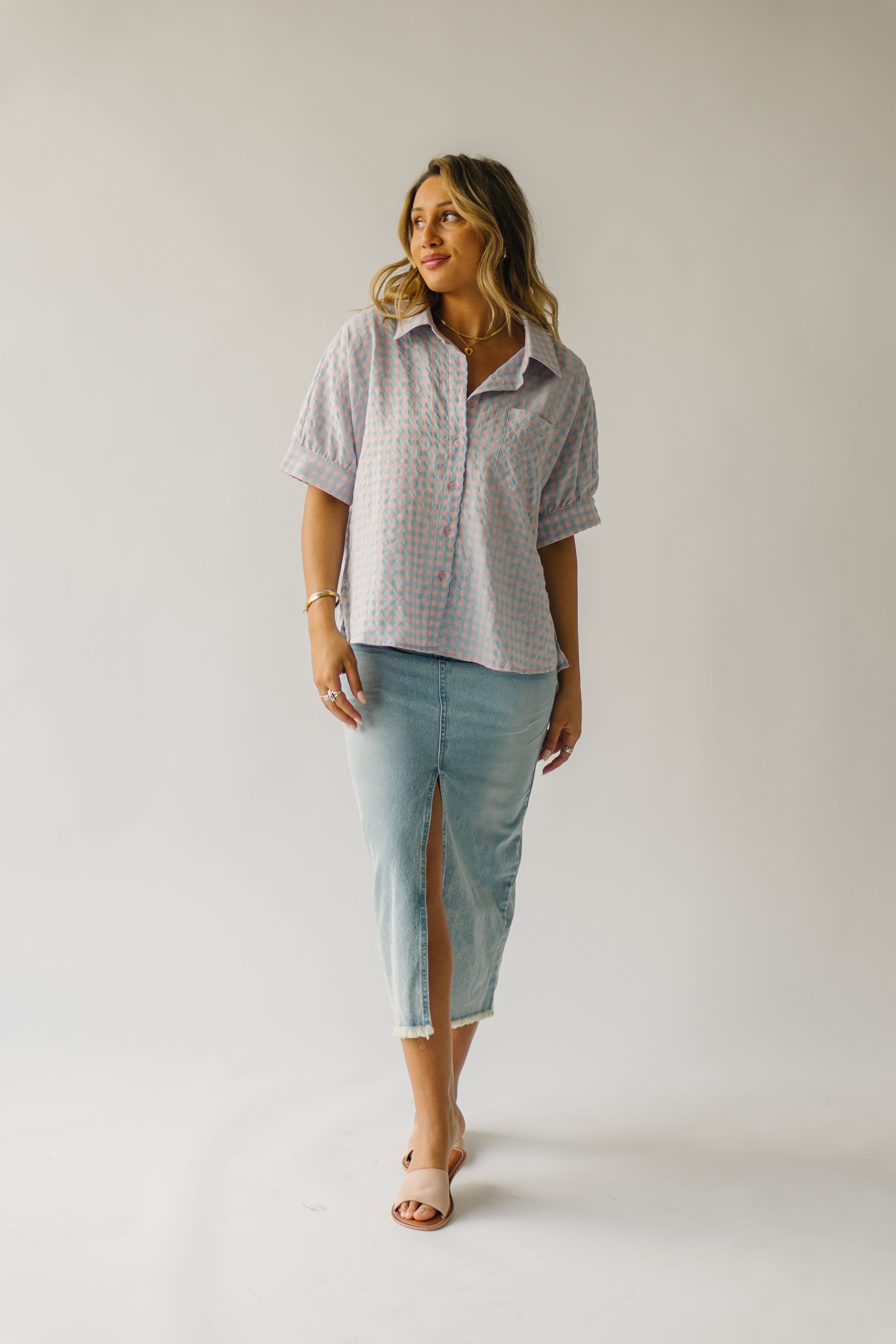 The Laia Checkered Button-Up Blouse in Sky Blue + Pink