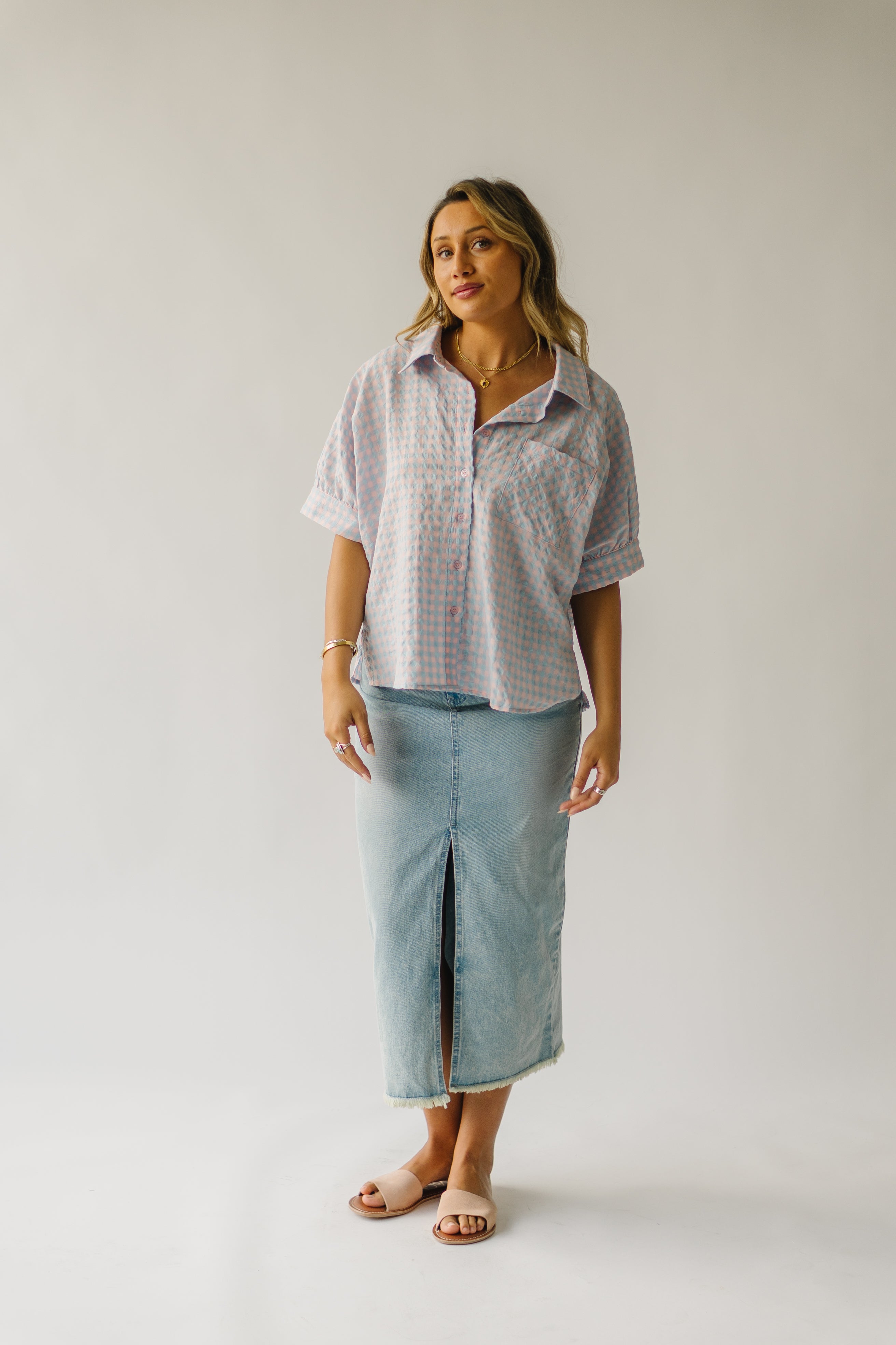 The Laia Checkered Button-Up Blouse in Sky Blue + Pink