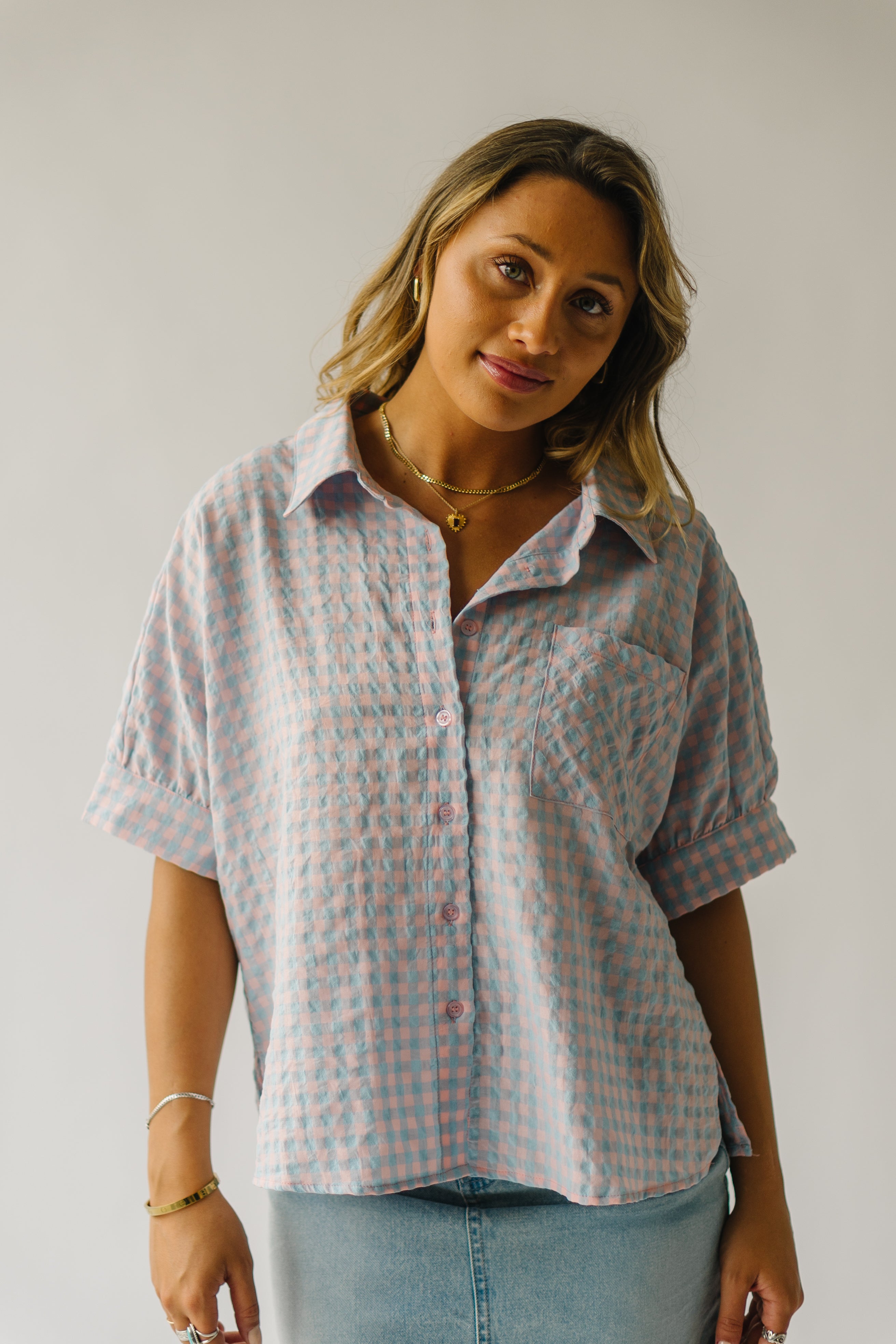 The Laia Checkered Button-Up Blouse in Sky Blue + Pink