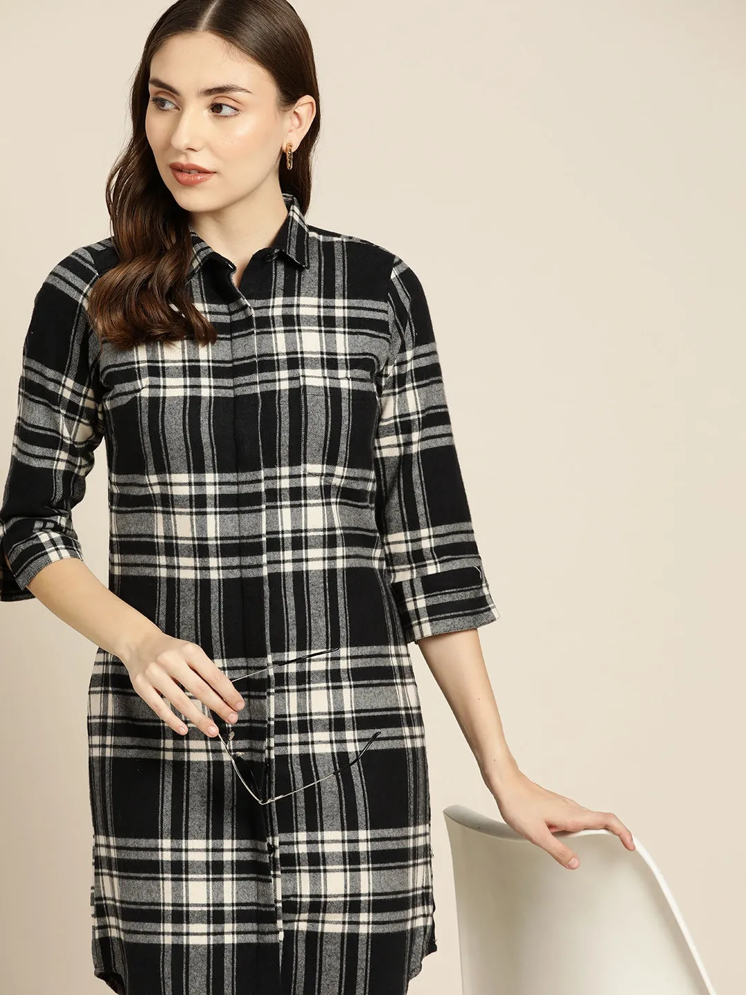 Women Black & Beige Checks Pure Cotton Regular Fit Casual Dress