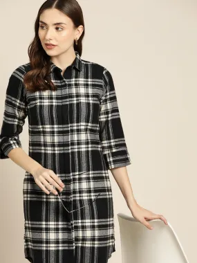 Women Black & Beige Checks Pure Cotton Regular Fit Casual Dress