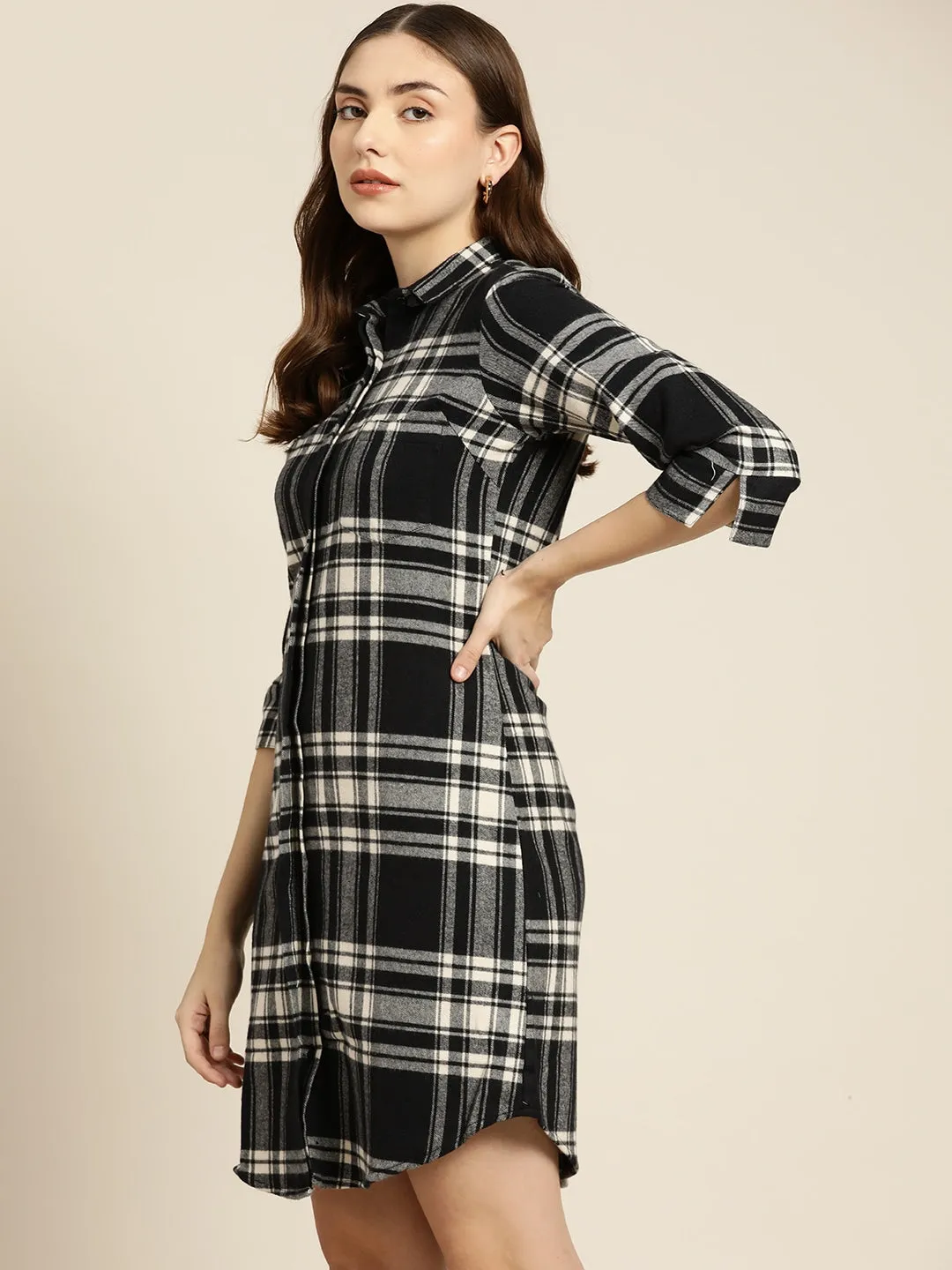 Women Black & Beige Checks Pure Cotton Regular Fit Casual Dress