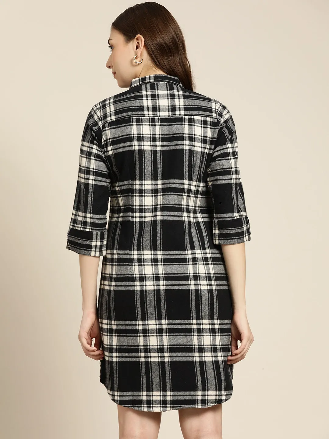 Women Black & Beige Checks Pure Cotton Regular Fit Casual Dress