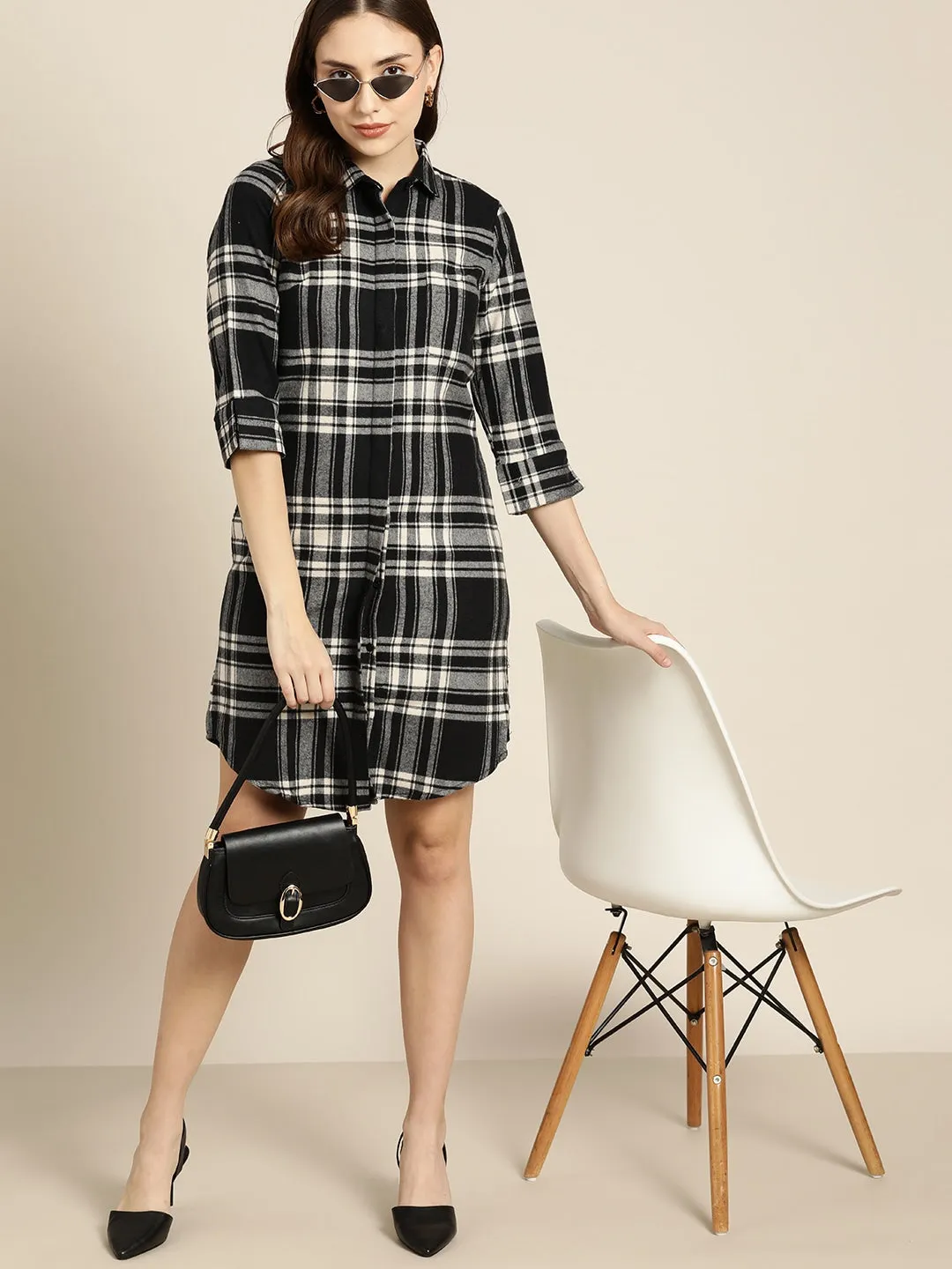 Women Black & Beige Checks Pure Cotton Regular Fit Casual Dress