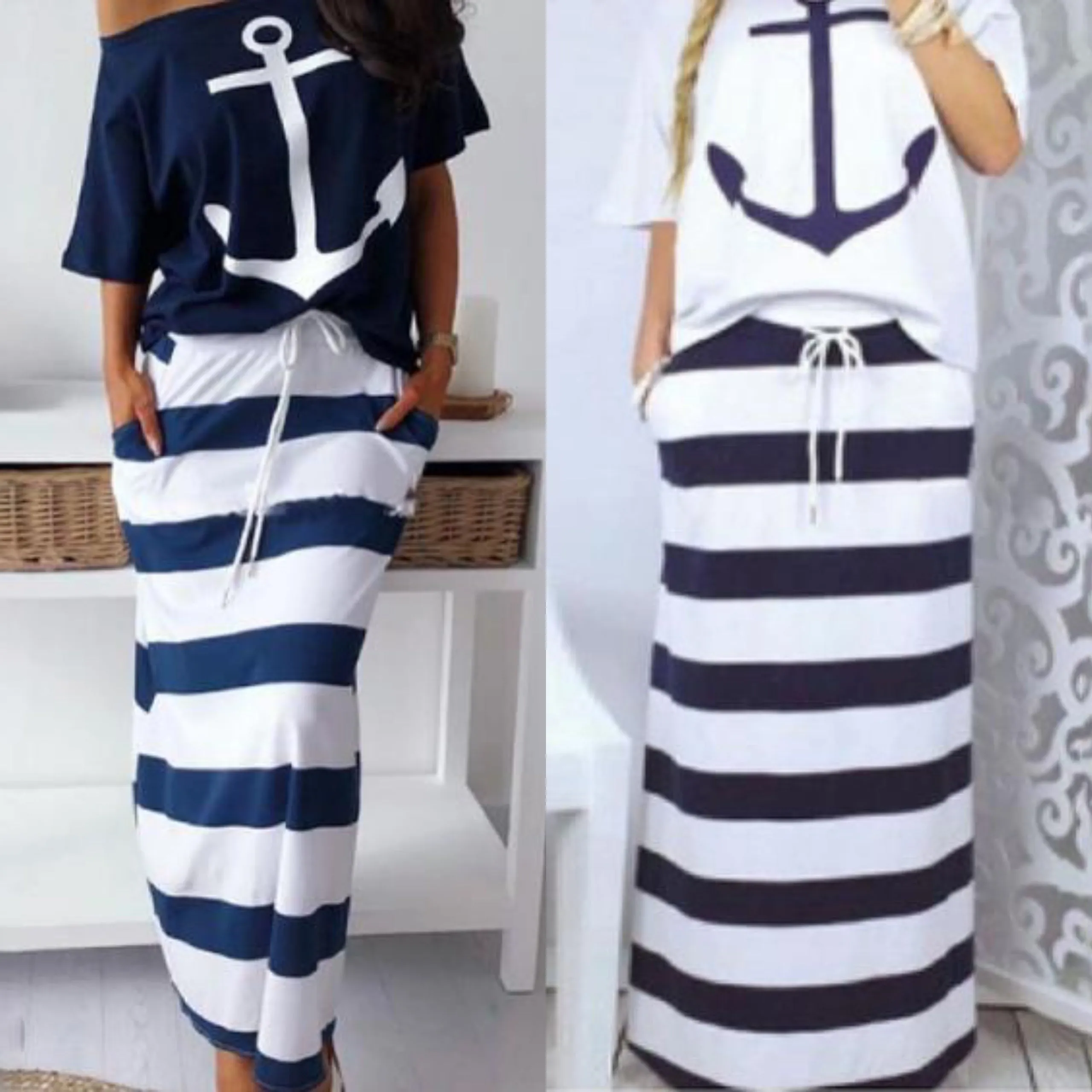 Women Two Piece Sets Boat Anchor Print T-Shirt & Striped Skirt Sets Casual Ankle-Length Fashion Off Shoulder Maxi Striped Skirt