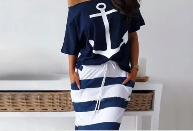 Women Two Piece Sets Boat Anchor Print T-Shirt & Striped Skirt Sets Casual Ankle-Length Fashion Off Shoulder Maxi Striped Skirt