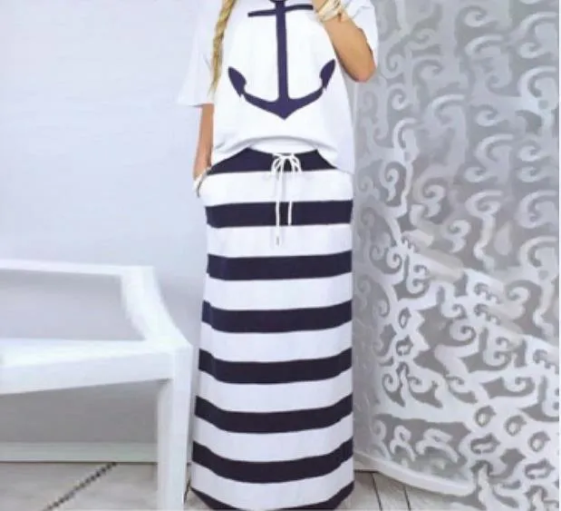 Women Two Piece Sets Boat Anchor Print T-Shirt & Striped Skirt Sets Casual Ankle-Length Fashion Off Shoulder Maxi Striped Skirt