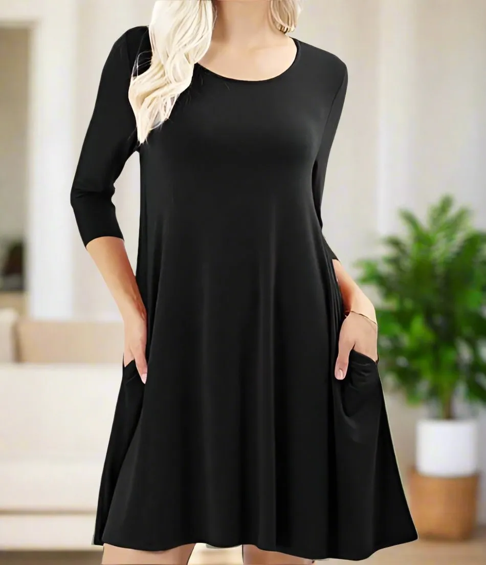 Womens Casual 3/4 Sleeve Pocket Dress, Sizes S/M/L, Solid Black