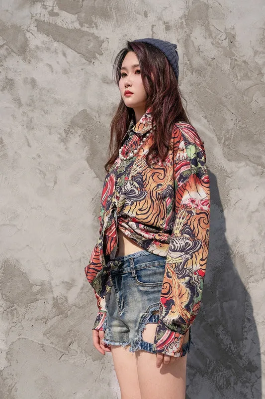 Xituodai 2022 New Arrival Top Fashion Hip Hop Retro Tiger Chinese Wind Japanese Ukiyo Painting National Loose Casual Shirts