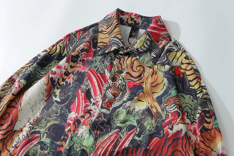 Xituodai 2022 New Arrival Top Fashion Hip Hop Retro Tiger Chinese Wind Japanese Ukiyo Painting National Loose Casual Shirts