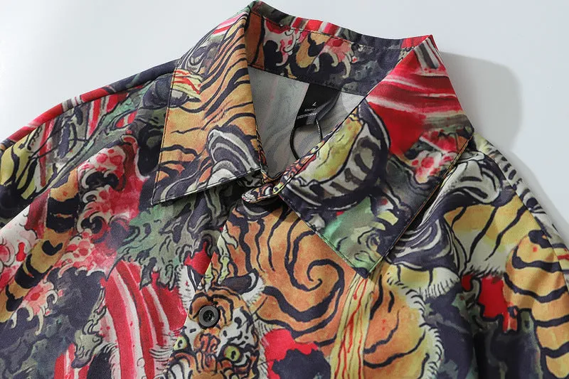 Xituodai 2022 New Arrival Top Fashion Hip Hop Retro Tiger Chinese Wind Japanese Ukiyo Painting National Loose Casual Shirts