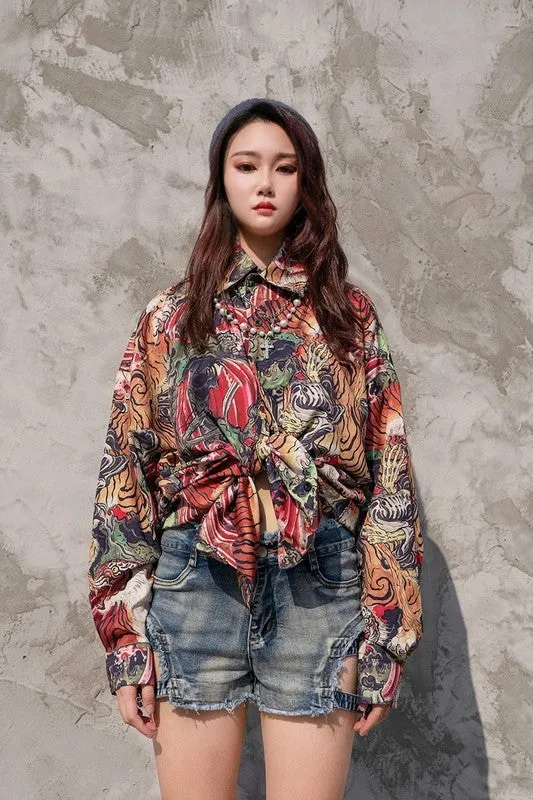 Xituodai 2022 New Arrival Top Fashion Hip Hop Retro Tiger Chinese Wind Japanese Ukiyo Painting National Loose Casual Shirts