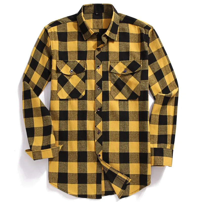 Xituodai 2022 New Men Casual Plaid Flannel Shirt Long-Sleeved Chest Two Pocket Design Fashion Printed-Button (USA SIZE S M L XL 