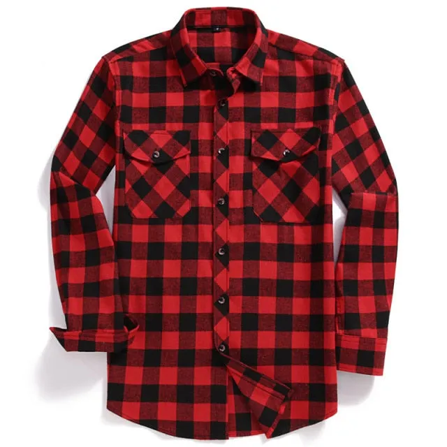 Xituodai 2022 New Men Casual Plaid Flannel Shirt Long-Sleeved Chest Two Pocket Design Fashion Printed-Button (USA SIZE S M L XL 