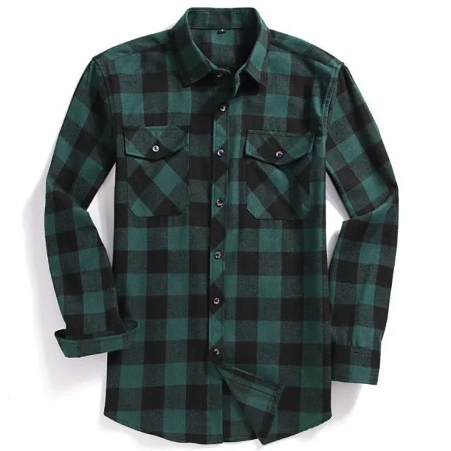 Xituodai 2022 New Men Casual Plaid Flannel Shirt Long-Sleeved Chest Two Pocket Design Fashion Printed-Button (USA SIZE S M L XL 