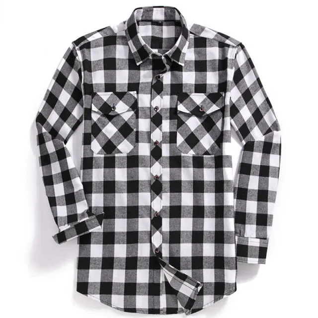 Xituodai 2022 New Men Casual Plaid Flannel Shirt Long-Sleeved Chest Two Pocket Design Fashion Printed-Button (USA SIZE S M L XL 