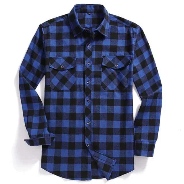 Xituodai 2022 New Men Casual Plaid Flannel Shirt Long-Sleeved Chest Two Pocket Design Fashion Printed-Button (USA SIZE S M L XL 