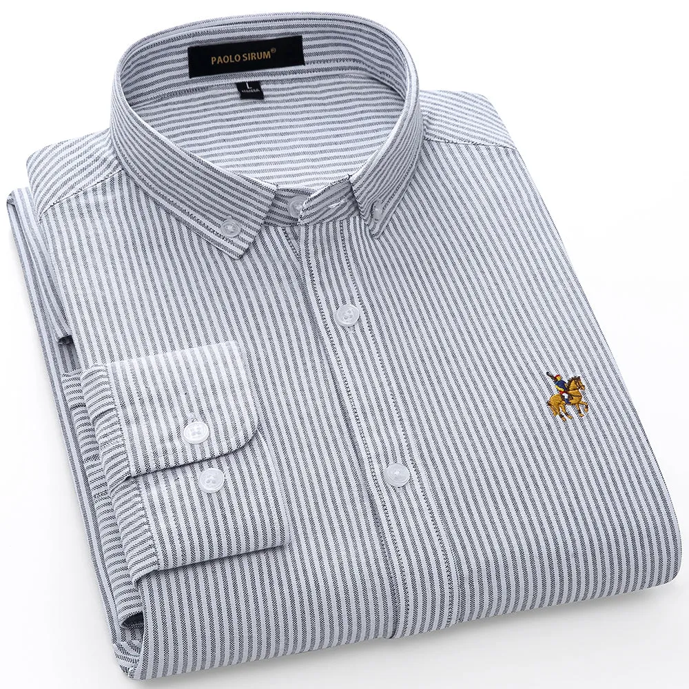 Xituodai Casual Pure Cotton Oxford Striped Shirts For Men Long Sleeve Embroidery Logo Design Regular Fit Fashion Stylish